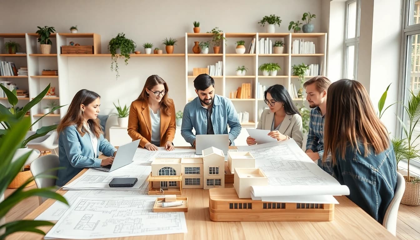 Residential architects for home renovation collaborating over blueprints in a vibrant office setting.