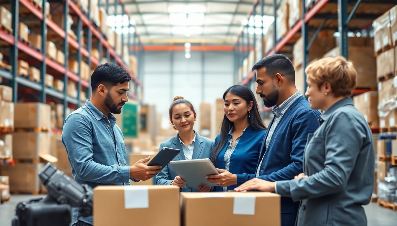 Logistics professionals coordinating supplies in a dynamic warehouse environment.