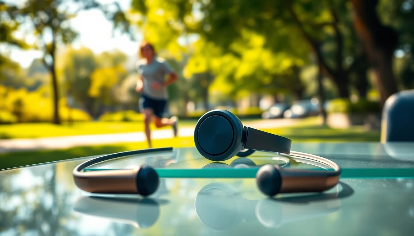 Showcase Bone X1 Bone Conduction Headphones on a stylish table in a vibrant park setting.