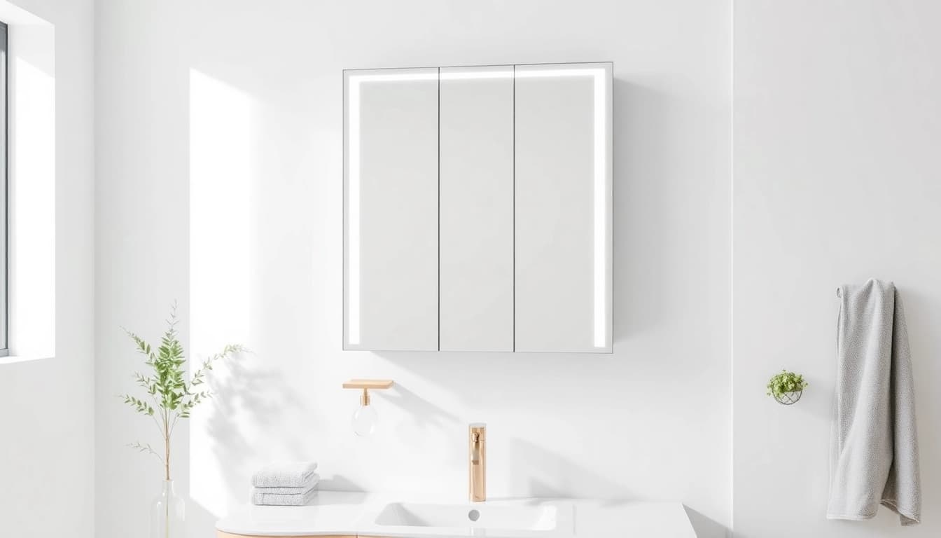 Spiegelschrank LED mit modernem Design in einem stilvollen Badezimmer präsentieren.