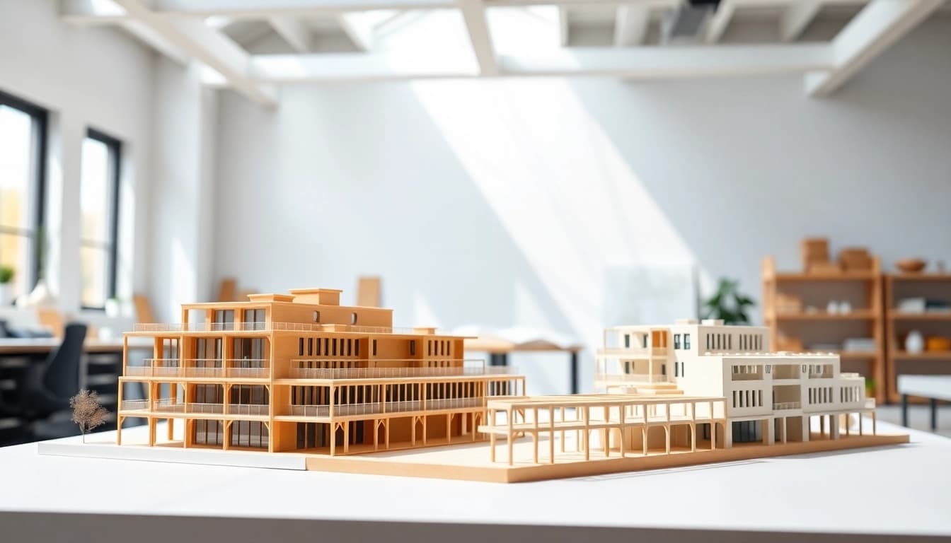 Architekturmodellbau Kassel zeigt detaillierte Modelle in einem modernen Atelier.