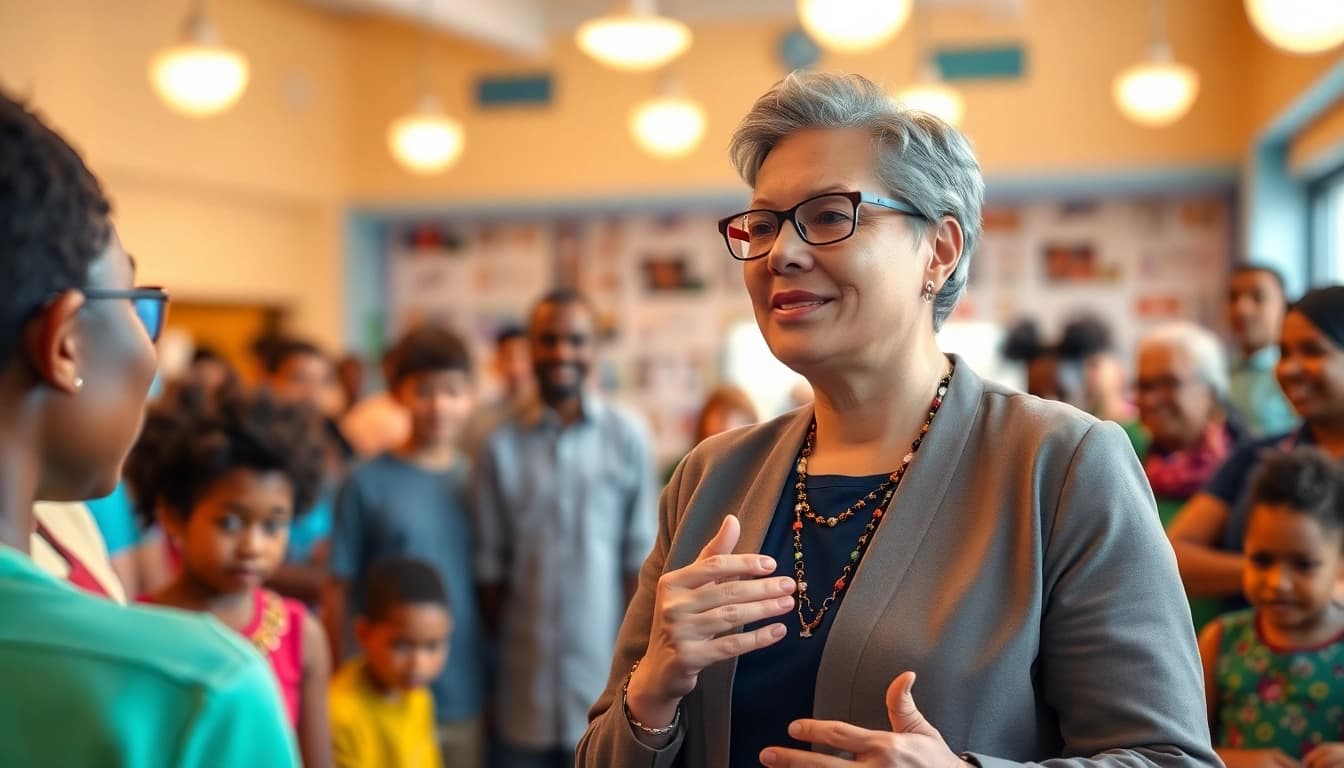 Philanthropist engaging with community members in a vibrant center exemplifying generosity and hope.