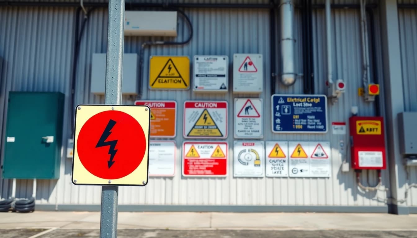 Prominent electrical signs indicating safety hazards at an industrial site.