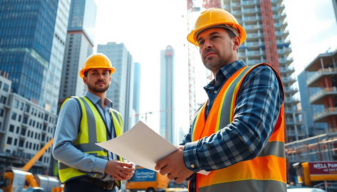 Manhattan Construction Manager overseeing an urban construction project with teams collaborating effectively.