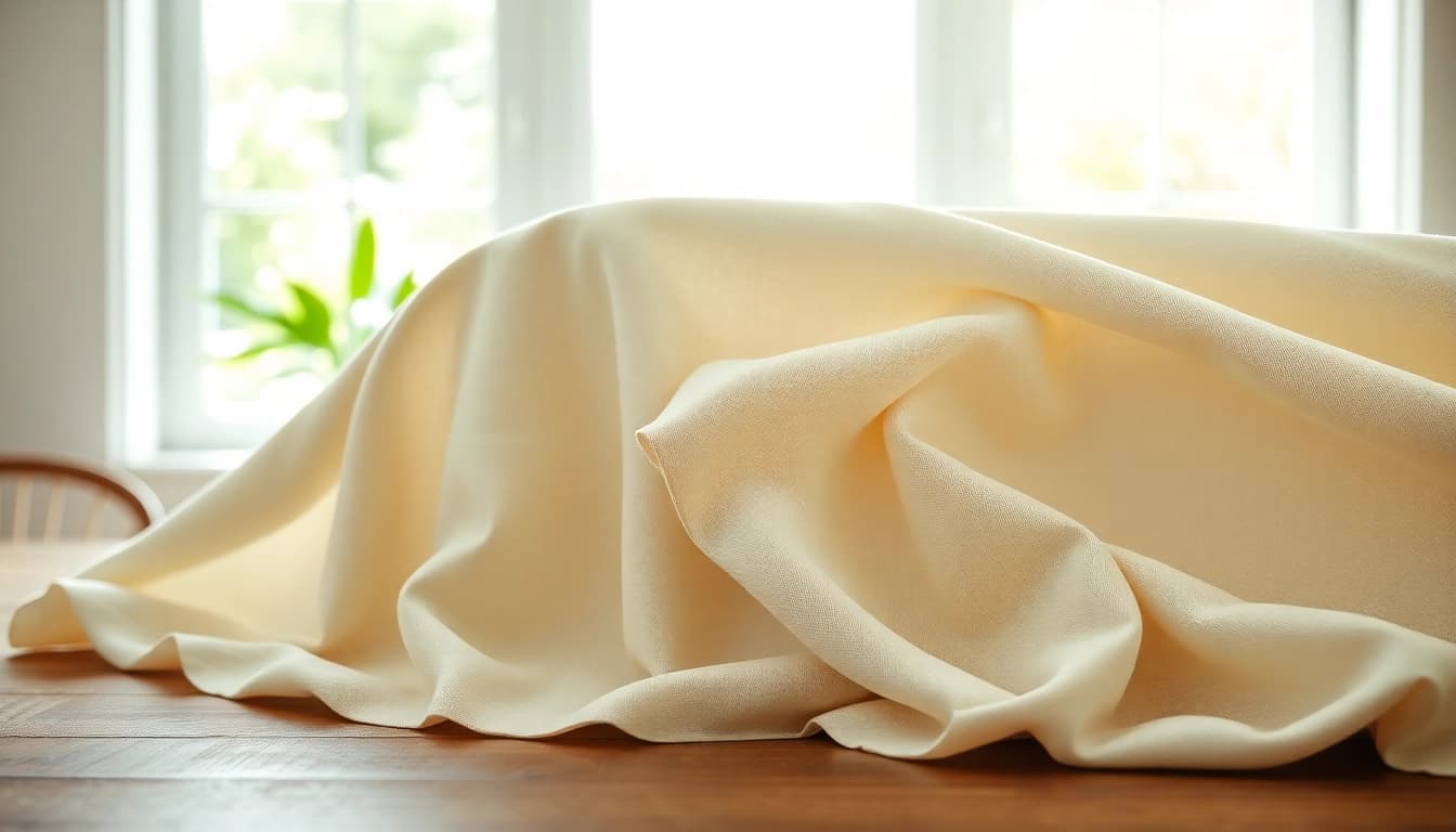 Linnen stof prachtig uitgestald op een houten tafel, met zachte plooien en natuurlijke verlichting.