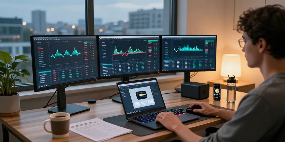 Bitcoin mining platform setup in modern home office showcasing cryptocurrency dashboards and mining metrics