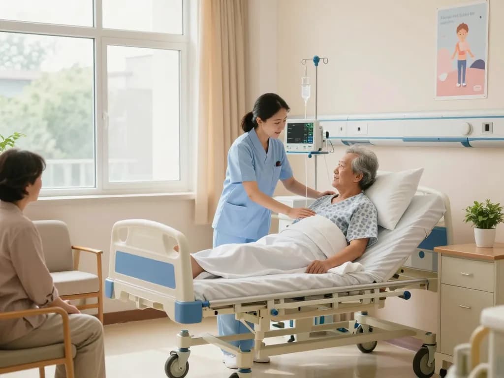 Adjustable giường bệnh nhân in a warm hospital room, highlighting patient care and recovery.