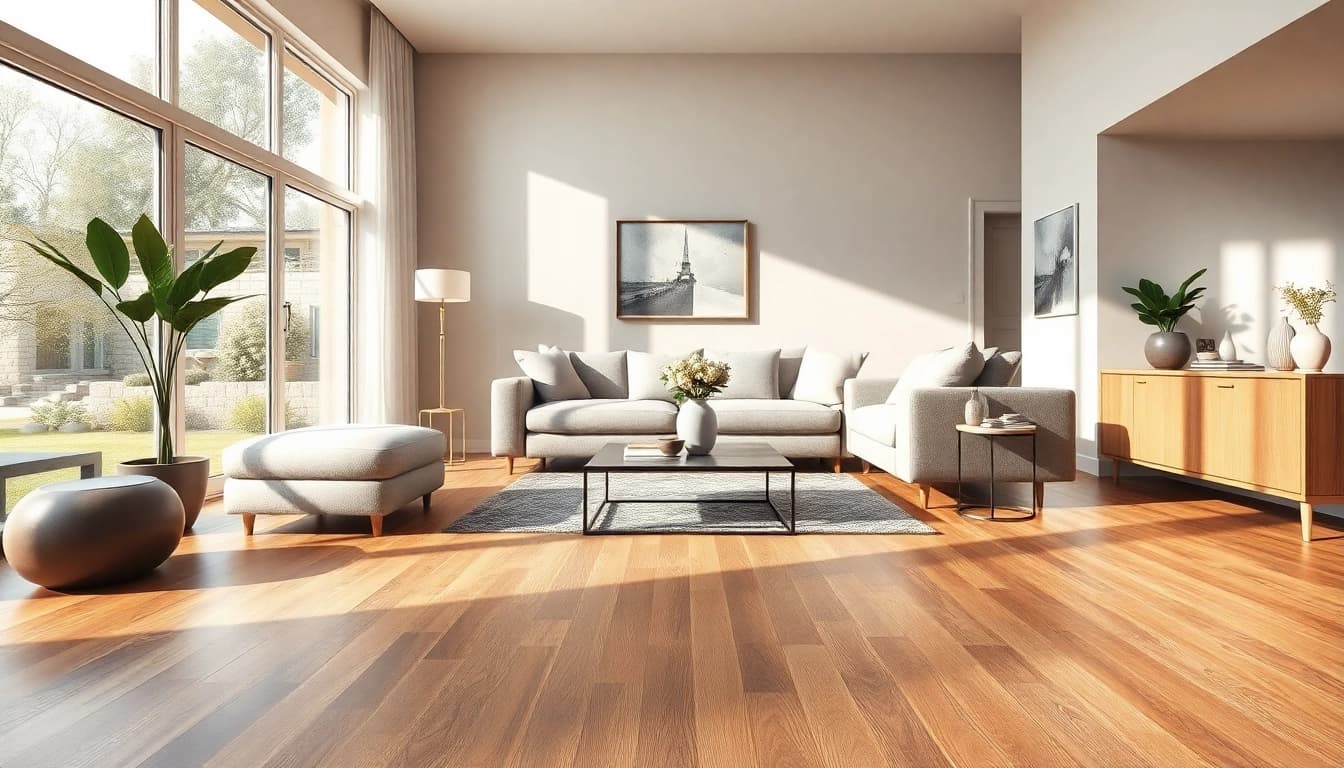 Elegant living room featuring laminate flooring, showcasing rich textures and a warm atmosphere.