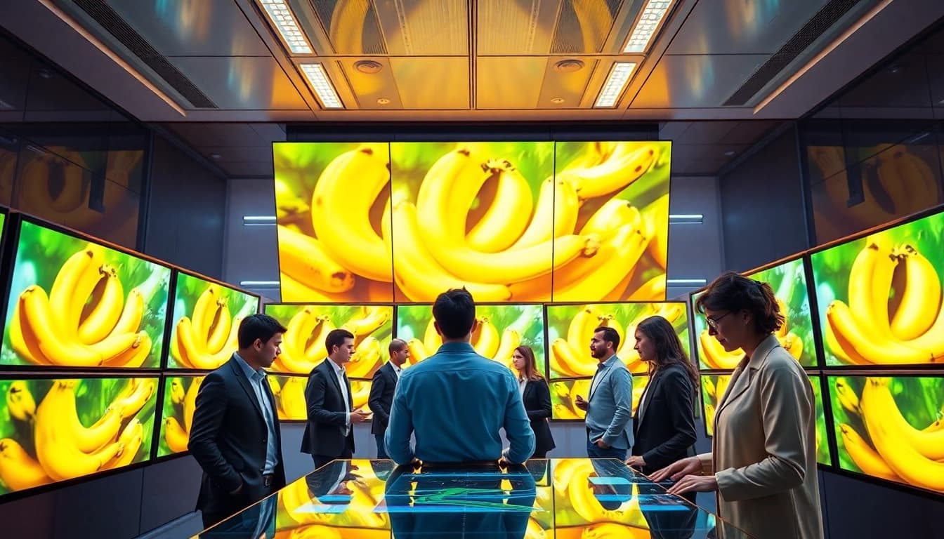 Dynamic scene of diverse professionals collaborating with Nano Banana 2 AI technology, showcasing innovation.