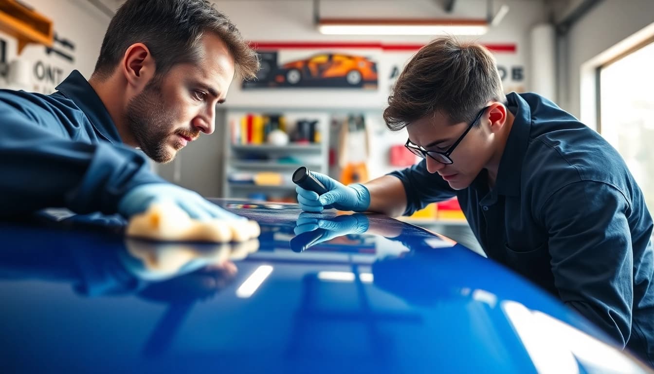 Auto detailing Cleveland TN shows a technician polishing a car in a bright garage.