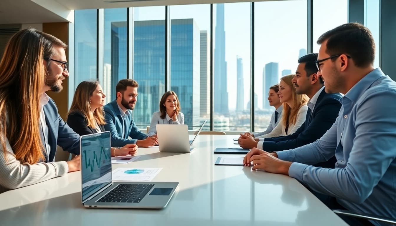 Engaging business consultants in Dubai discussing strategies in a modern office environment.