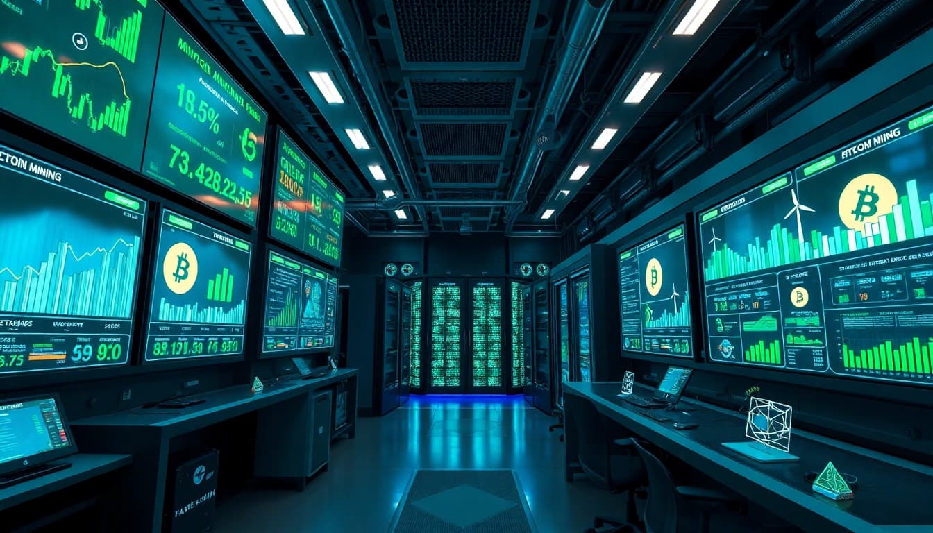 Futuristic cloud mining bitcoin facility powered by renewable energy