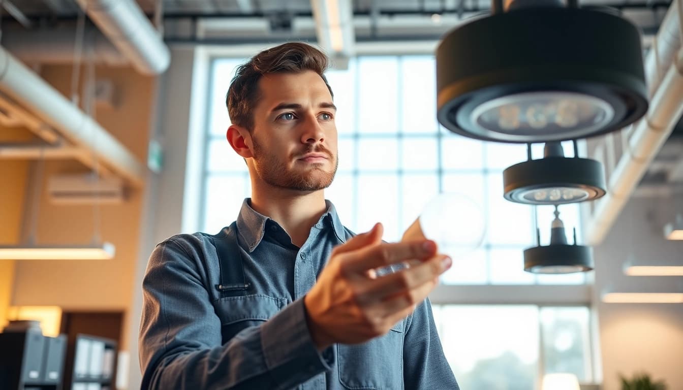 Inspecting edmonton lighting maintenance with a technician focused on LED fixtures in a modern office.