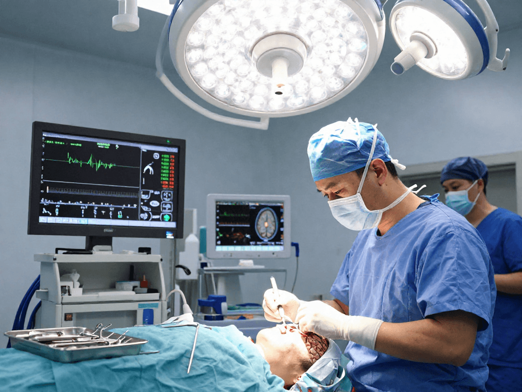 Beyin tümörü ameliyatı in a sterile high-tech surgical room with surgeon and nurse focusing on patient care.