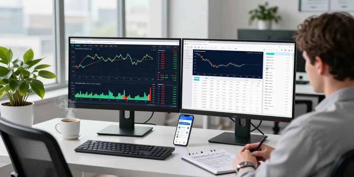 Trader using MetaTrader 4 on dual monitors with live forex charts and analyses in a modern office.