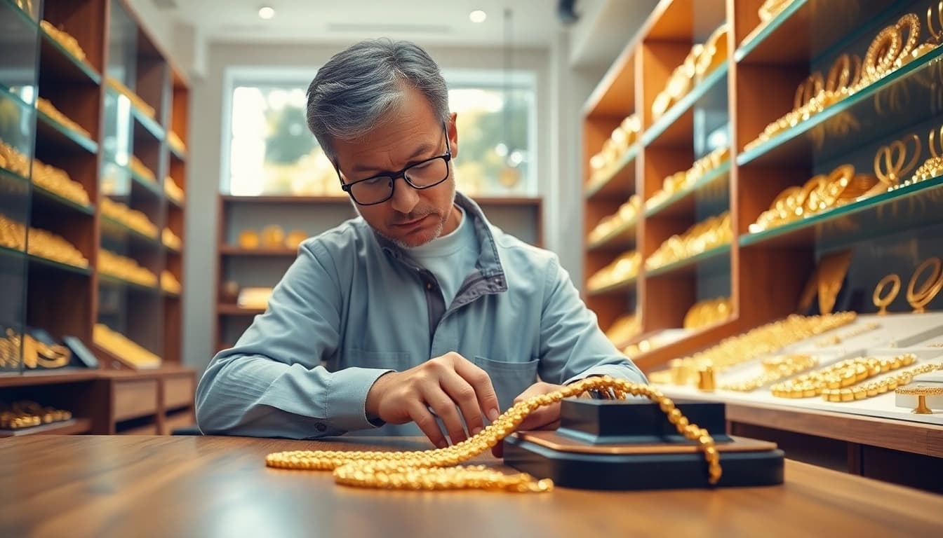 Acquistare oro usato con valutazione esperta da un gioielliere professionista in un ambiente luminoso.