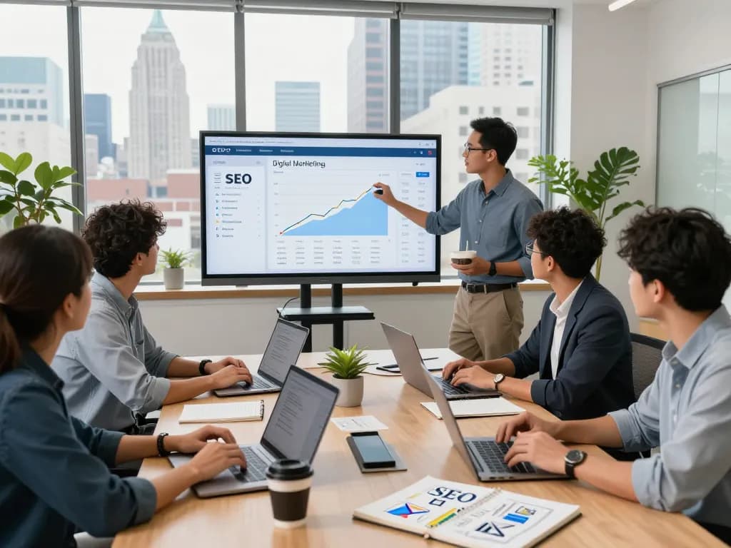 Collaborative team meeting at an NYC SEO Company showcasing strategic digital marketing discussions and analytics.