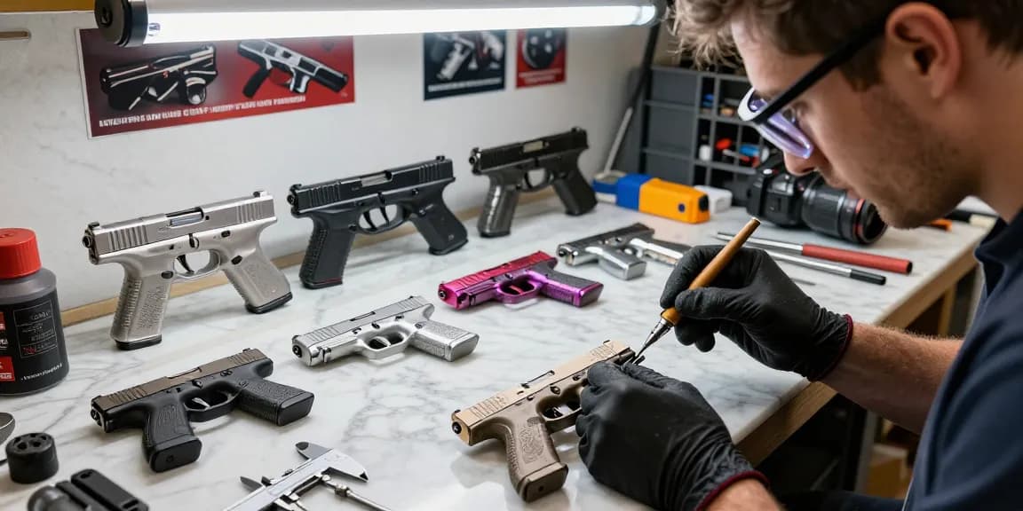 Precision Glock slides modification process at https://precisionglockslides.com showcasing skilled gunsmith with tools.