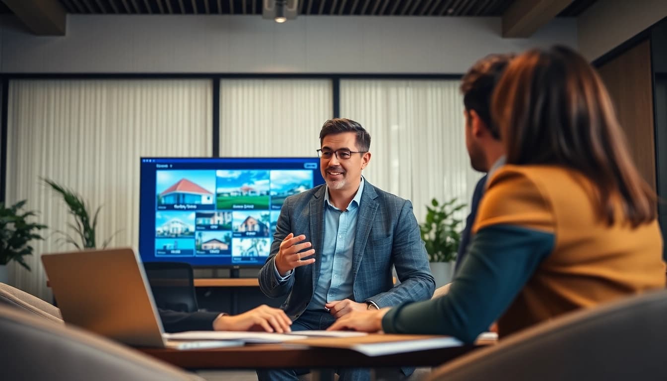 Engaging real estate agent showcases listings during a client consultation.
