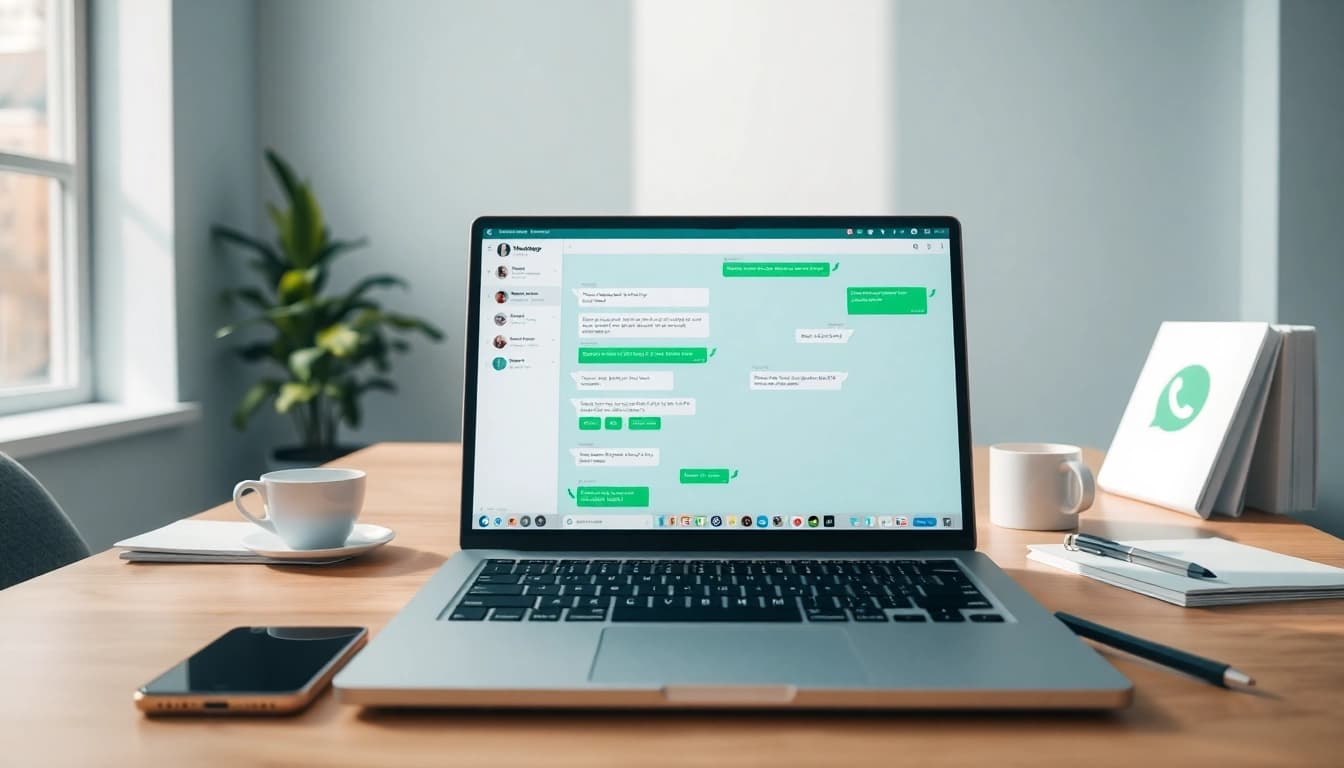 在工作区的现代笔记本电脑上显示的 WhatsApp网页版 界面。