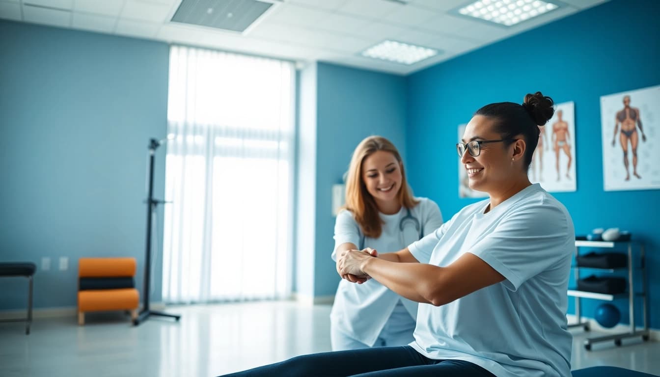 Engaging physiotherapy session highlighting north side edmonton physiotherapy with therapist and patient interaction.