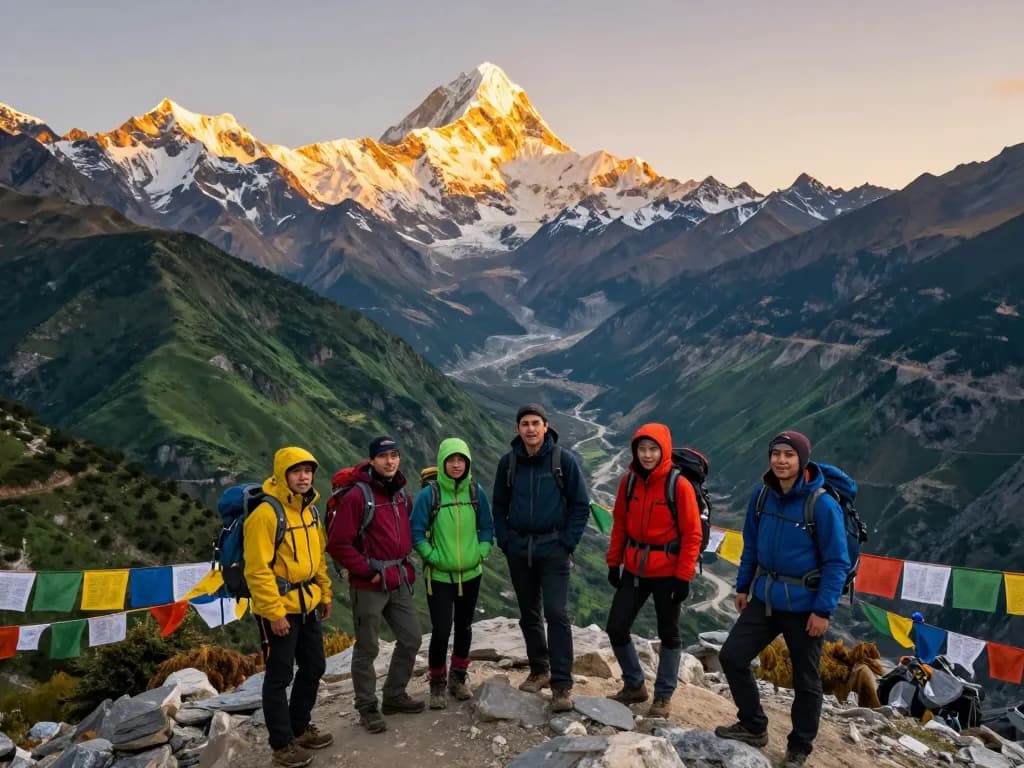 Annapurna Circuit trek: hikers celebrating at a mountain viewpoint with stunning peaks and vibrant sunset colors.
