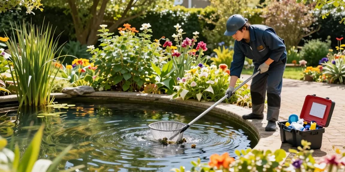 Pond Clean Sussex: A professional cleaner maintaining a vibrant garden pond in Sussex, emphasizing clear water and lush surroundings.