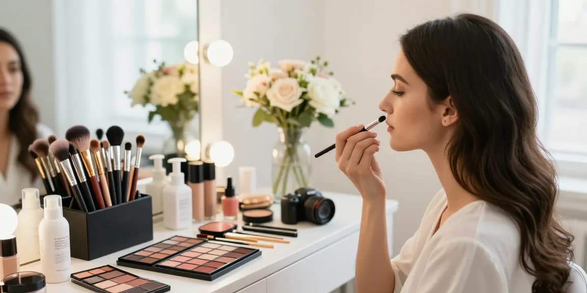 Model receiving a natural makeup application with makeup blending brushes in a bright studio.