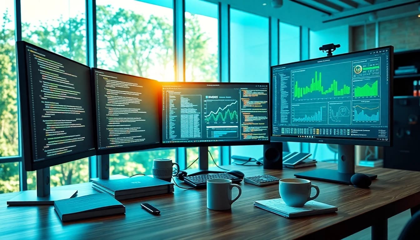 Innovative software engineering workspace showcasing advanced coding and finance analytics