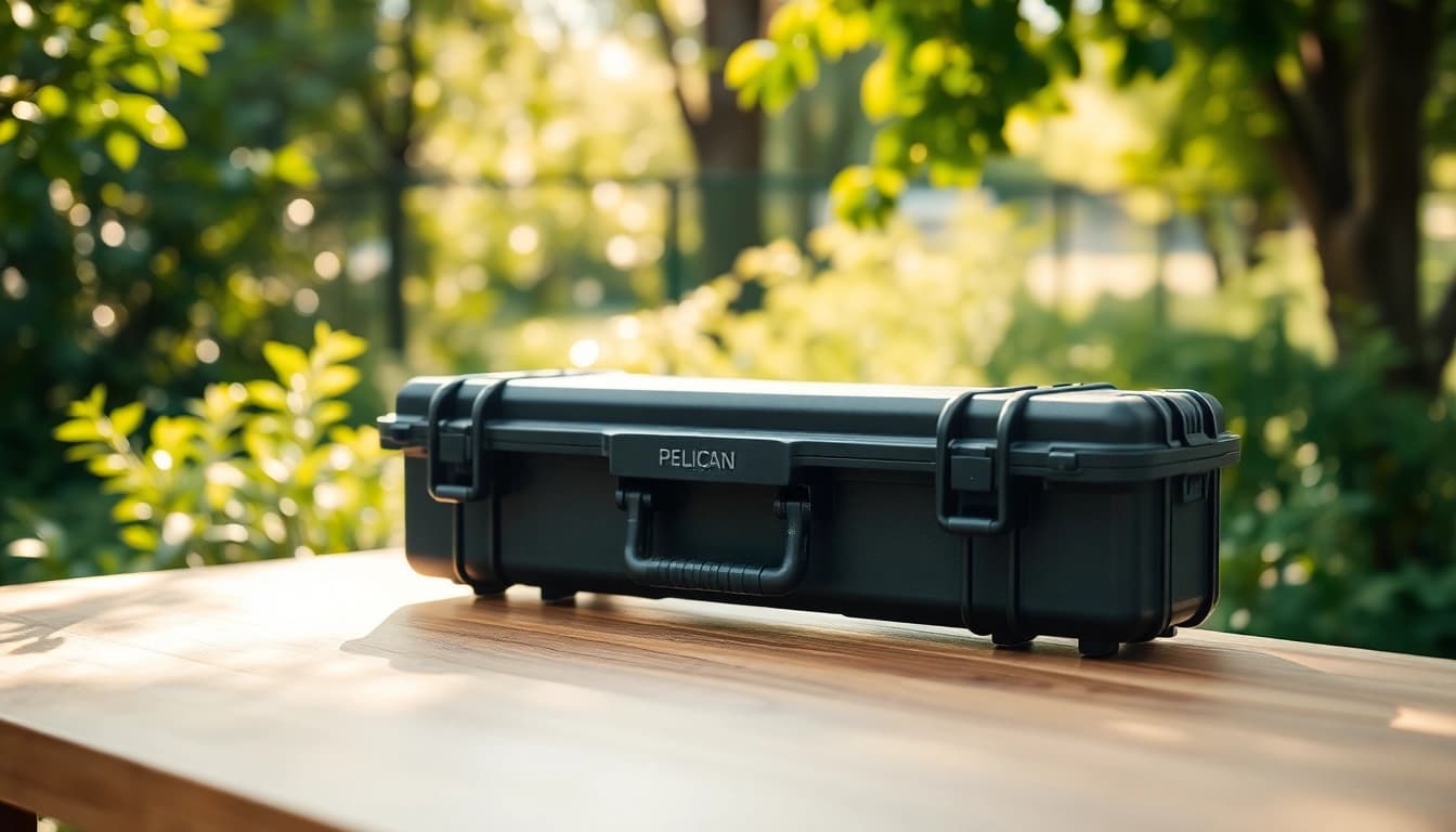 Showcasing the durable pelican rifle case with environmental backdrop highlighting its sturdy design.