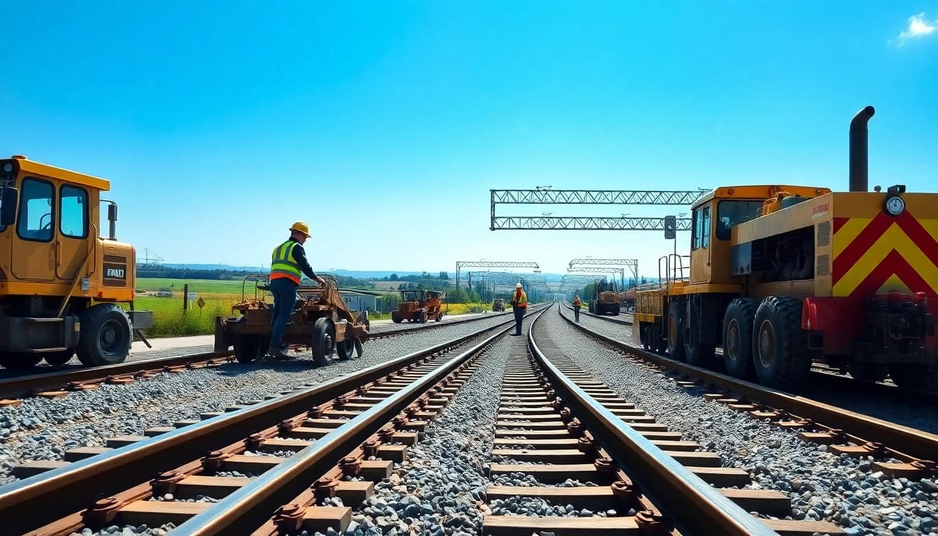 Ratilroad Track Construction Compary laying tracks with heavy machinery on a bright site.