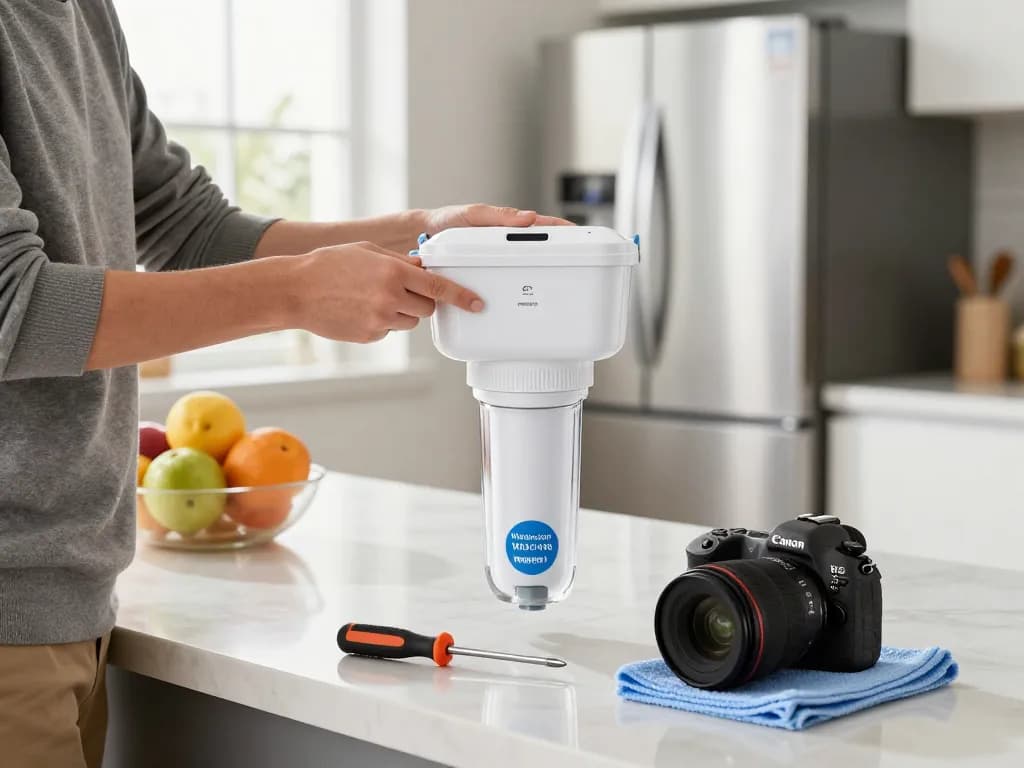 Installing the Waterdrop Plus WDP-F19C Replacement for GE® RPWFE® water filter in a modern kitchen, showcasing a safe drinking water setup.