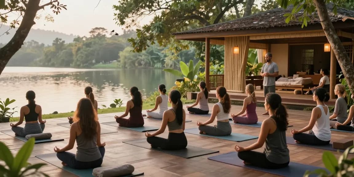 Morning yoga meditation at Lanka Yoga for 200hr YTT Sri Lanka, with students by Koggala Lake.