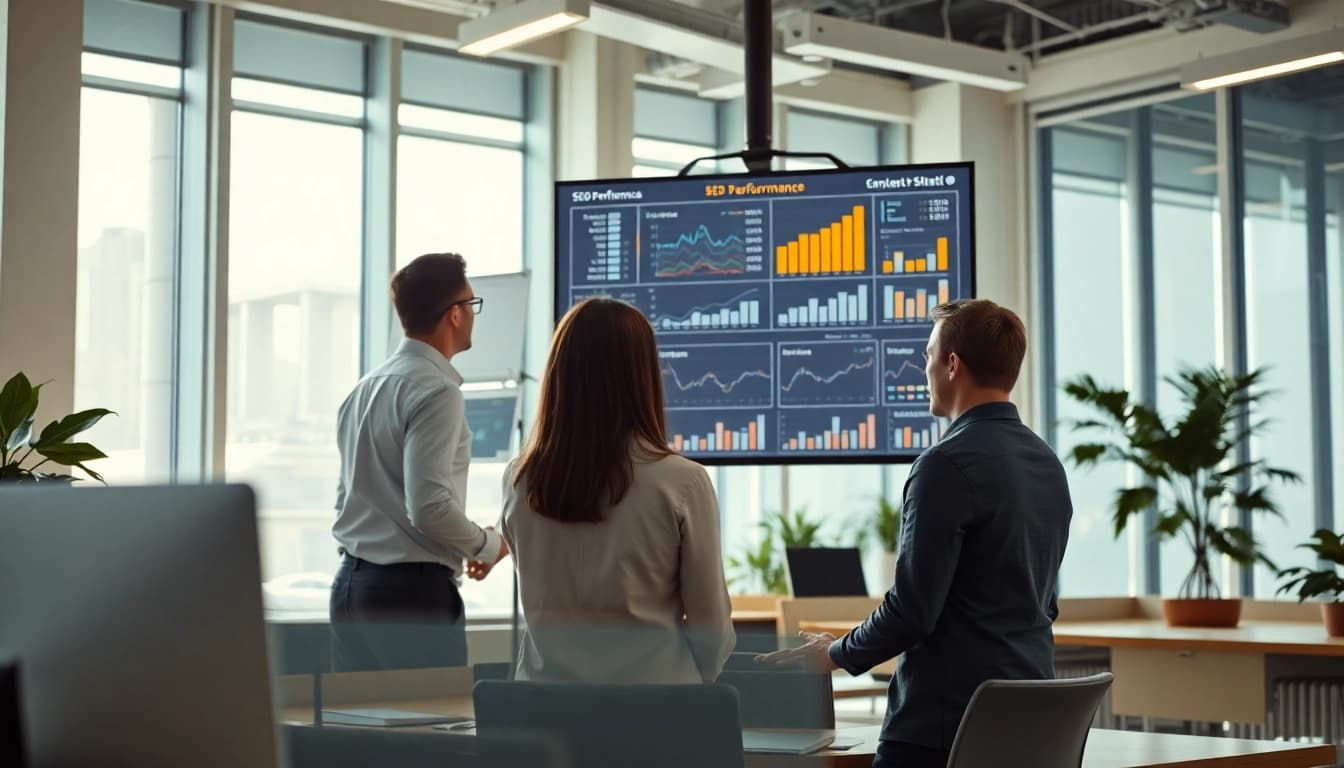 Analyze SEO performance with a professional team reviewing advanced metrics on screens.