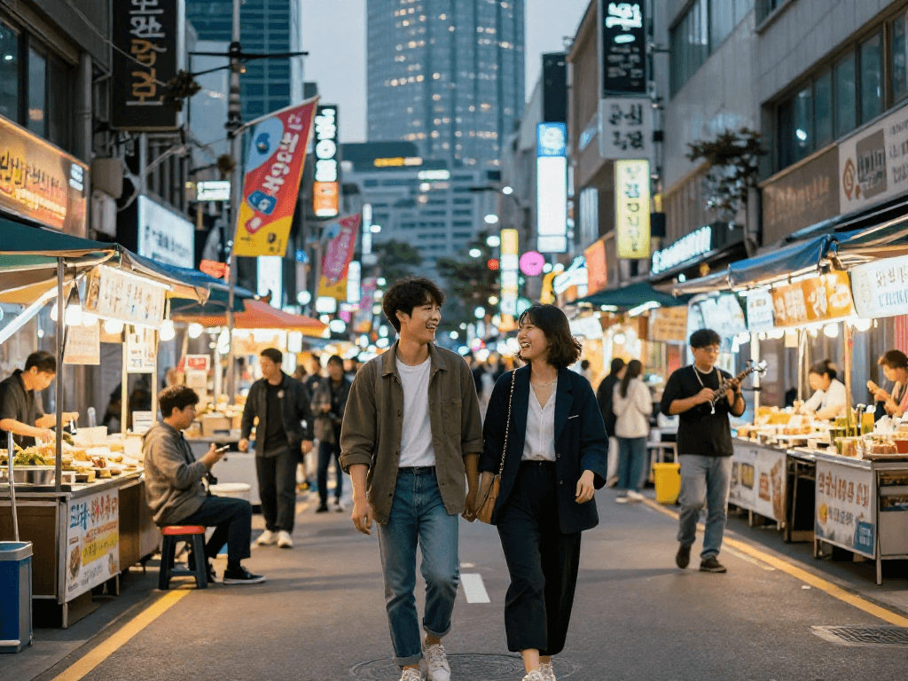 강남 달토와 함께하는 젊은 커플의 즐거운 저녁 거리 산책