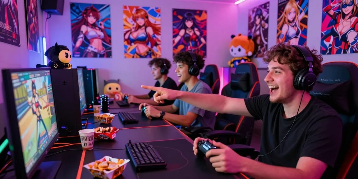 Group of gamers enjoying hentai games online in a vibrant, colorful gaming room.