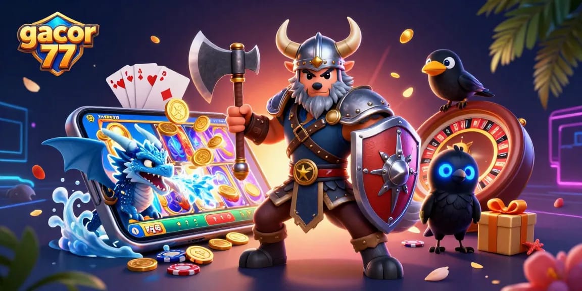 Gacor 77 menampilkan pahlawan Viking dan naga dalam ilustrasi kasino 3D yang mendebarkan.