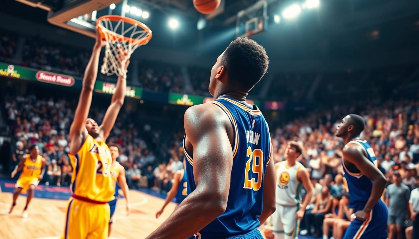 nba중계를 위한 생생한 농구 경기 장면으로 관중의 열정이 담긴 이미지