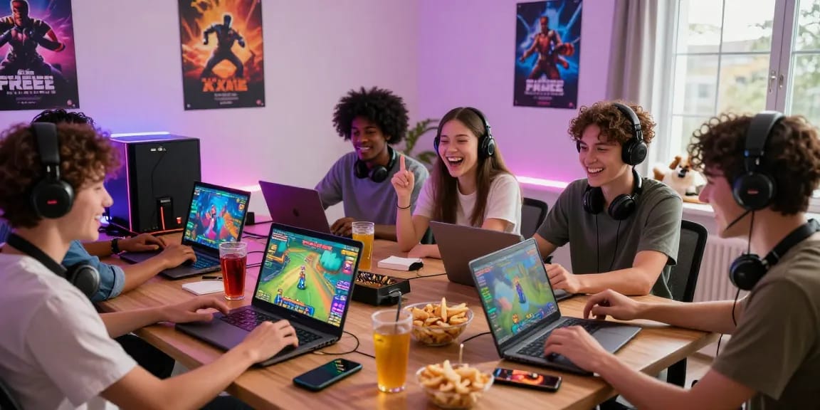Group of friends playing interactive xxx games on multiple devices in a vibrant gaming room.