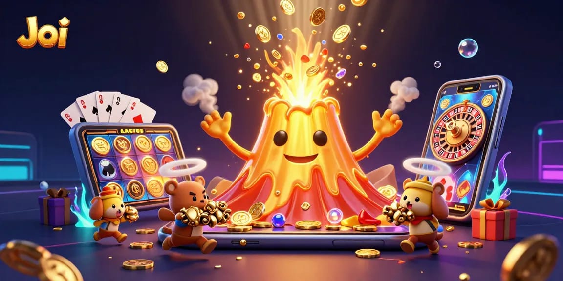 Engage in exhilarating random video chats with Joi, featuring dynamic casino-themed illustration.
