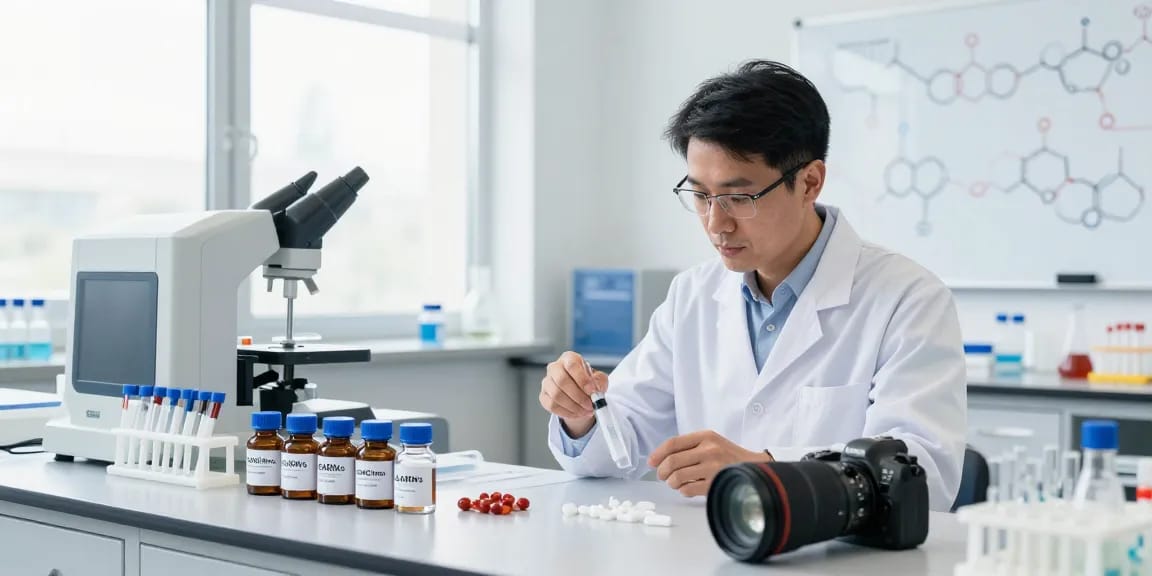 SwissChems laboratory scene with scientist analyzing peptides and SARMs in a bright, sterile research environment.