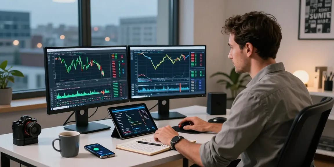 Trader using MetaTrader 5 on dual monitors in a modern home office setting