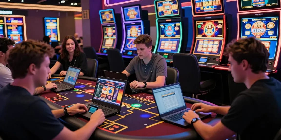 Players enjoying a lively atmosphere at credit card casinos online with diverse gaming options and vibrant visuals.