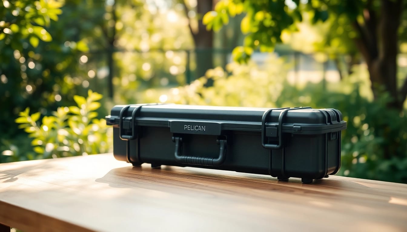 Showcasing the durable pelican rifle case with environmental backdrop highlighting its sturdy design.