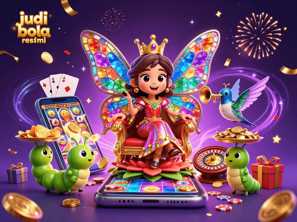 Engage in thrilling judi bola resmi with an enchanting scene featuring a butterfly queen and colorful gaming elements.