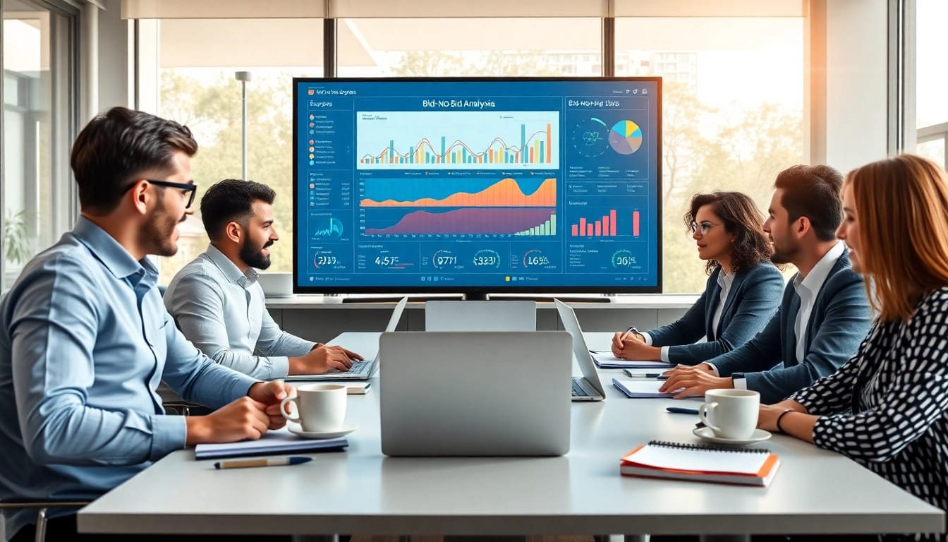 Team conducting a Bid-No-Bid Analysis in a modern conference room.
