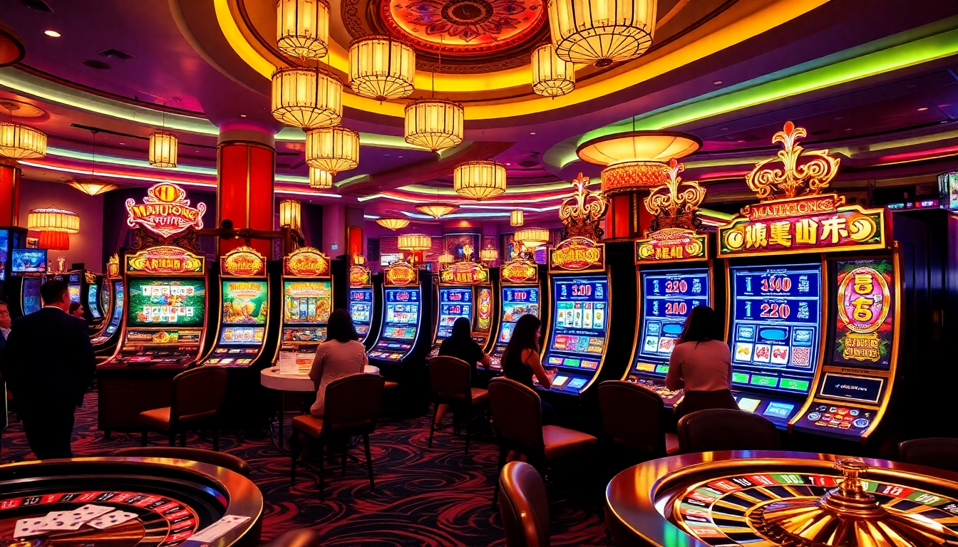 Mainkan demo slot Mahjong di lantai kasino yang hidup dengan suasana penuh semangat dan mesin-mesin berwarna-warni.