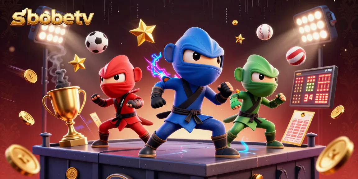 Engage with sbobetv in this vibrant 3D scene showcasing a ninja chameleon team in martial arts action surrounded by dynamic sports betting elements.