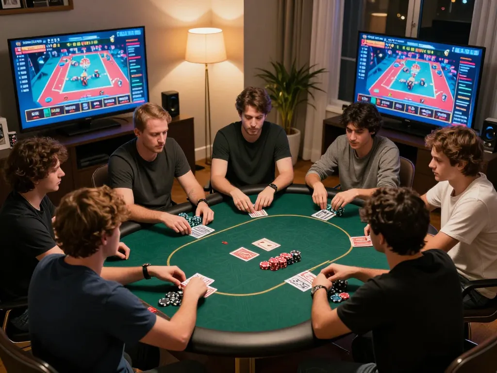Engaged players at home enjoying online poker game with M101 interface on screens.