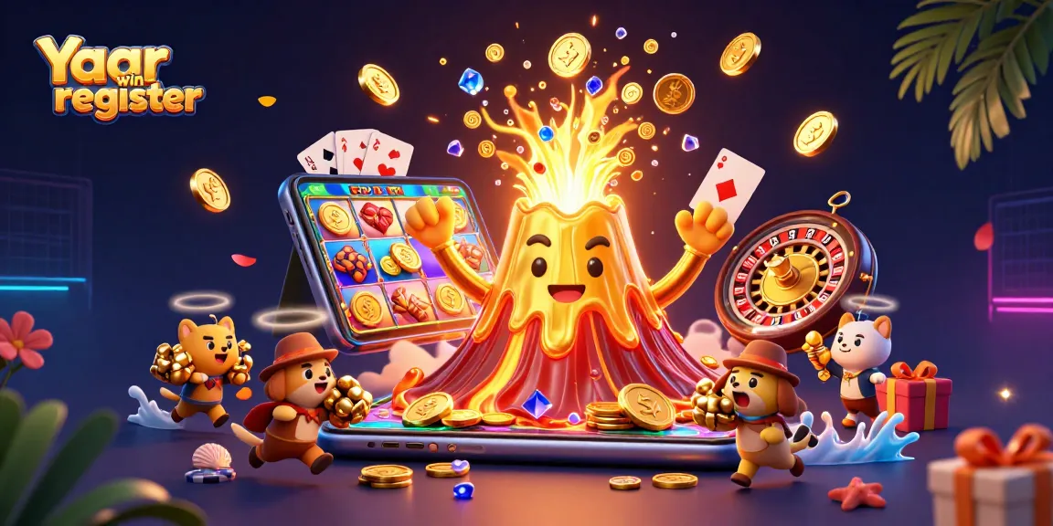 Experience the thrill of Yaar win register as treasures erupt from a golden volcano with vibrant casino elements.